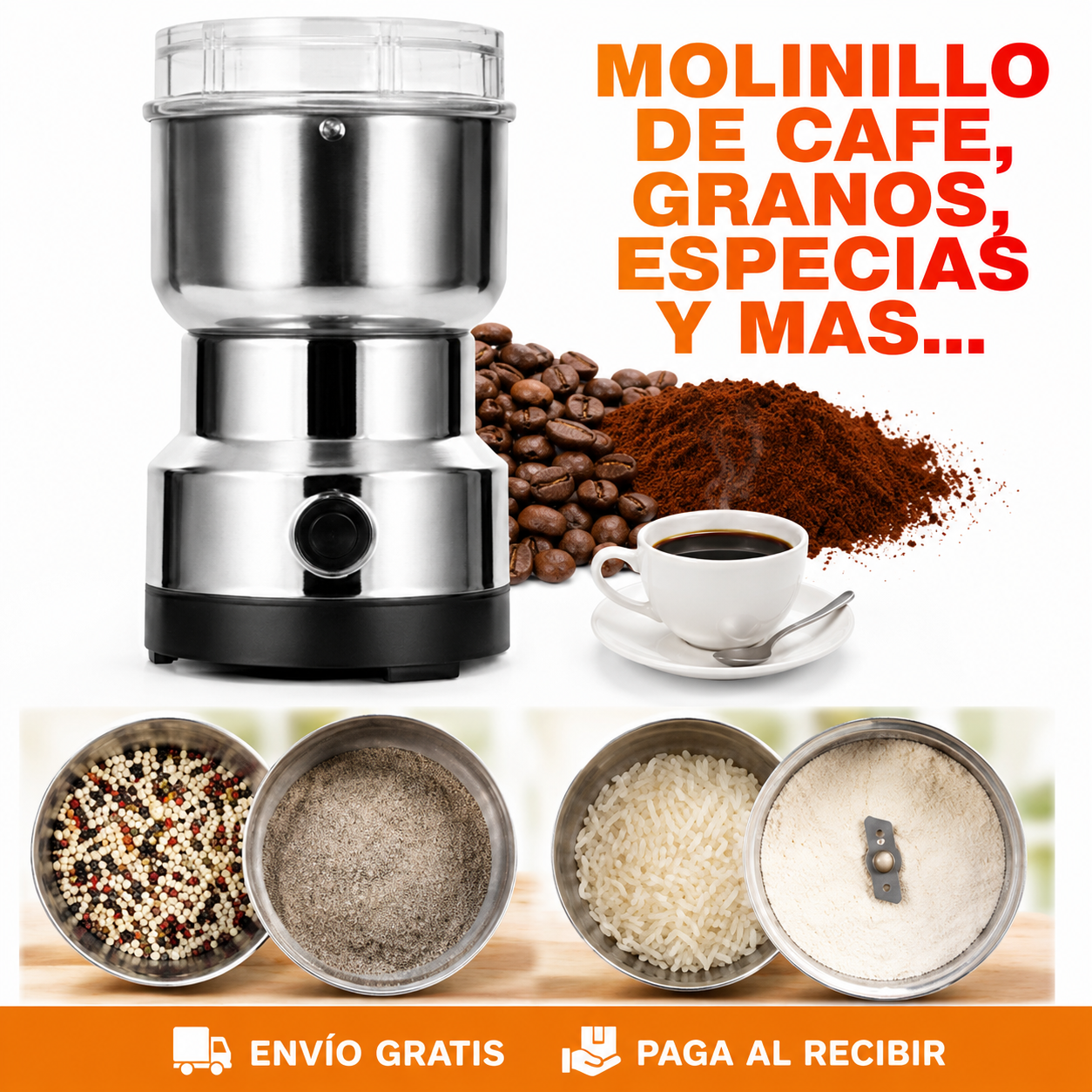 2 Trituradoras Multifuncionales Eléctricas para el Hogar – Muele Café, Granos y Especias en Segundos · 2x1