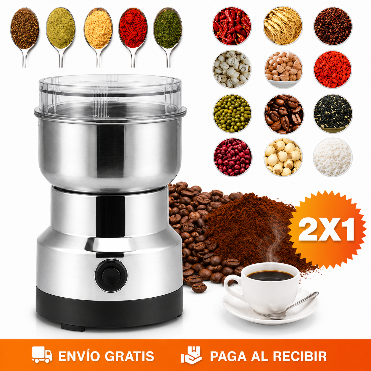2 Trituradoras Multifuncionales Eléctricas para el Hogar – Muele Café, Granos y Especias en Segundos · 2x1